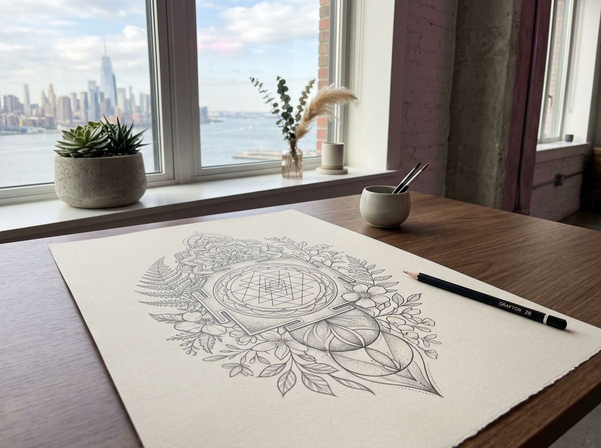 Original botanical and sacred-geometry tattoo artwork drawn in an ocean-view Brooklyn studio