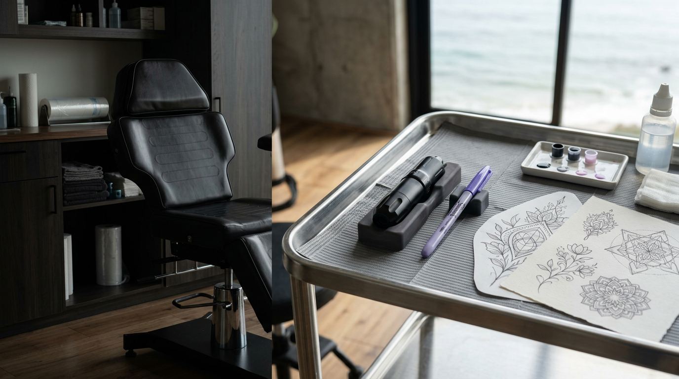 Professional tattoo workstation with a rotary tattoo pen, surgical marker and custom design sheets